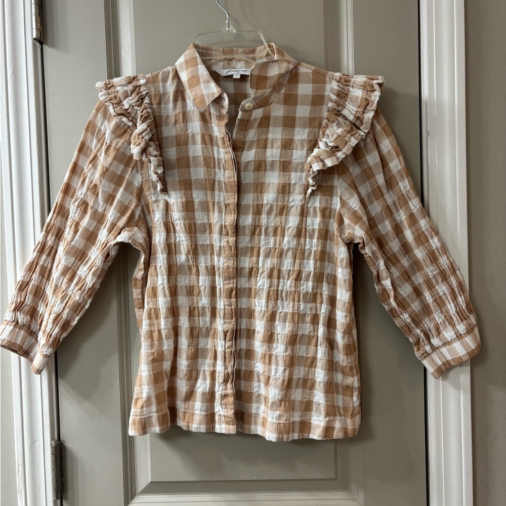Foxcroft Tan and White Checkered Blouse